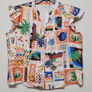 Sugarlips Women's Top 3X Coral Multicolor V-neck Front Button Blouse New 226-416